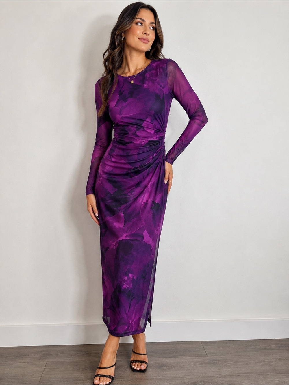 PrettyGarden Purple Floral Ruched Mesh Midi Dress Long Sleeve Sz S Date Night
